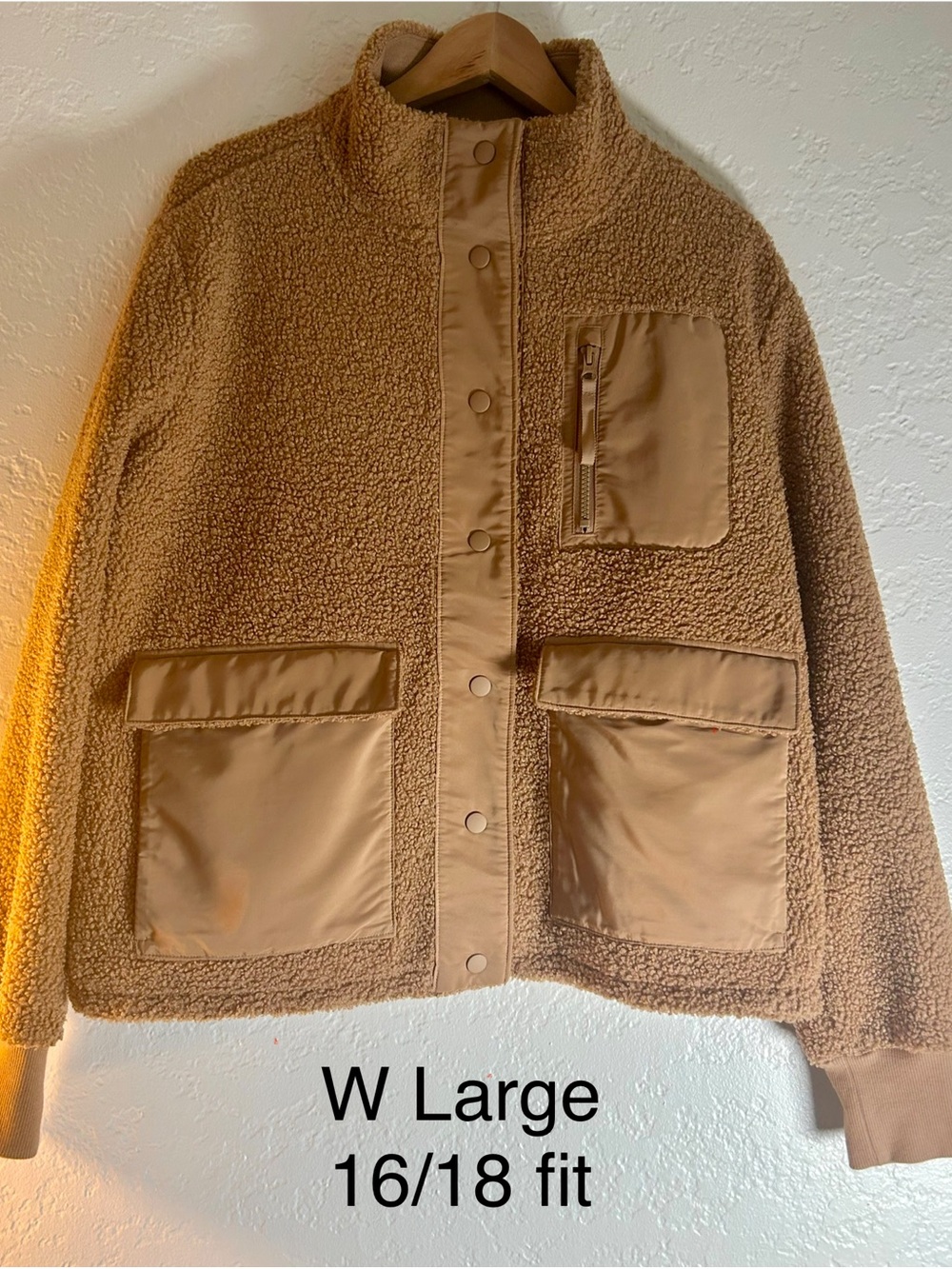 Women's Tan Sherpa Jacket with Utility Pockets size large